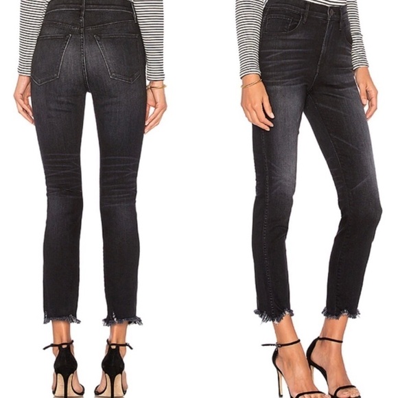 3x1 Authentic Straight Cropped Fray Raw Hem Jeans in Shake Black Cotton Stretch - Picture 1 of 8